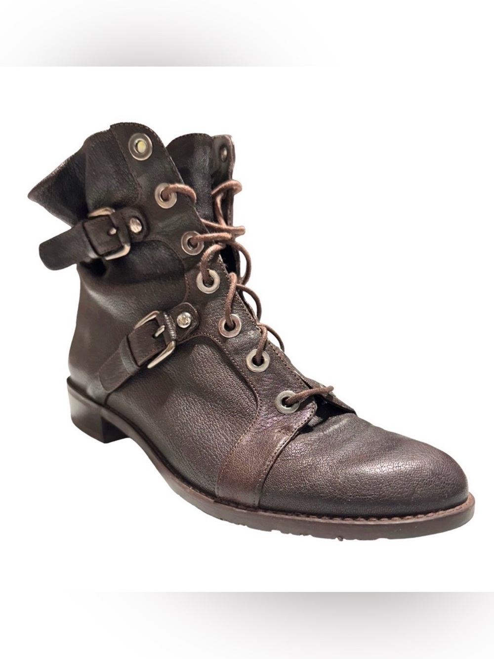 STUART WEITZMAN Brown Leather Moto Combat Boots Buckle Quiet Luxury 8